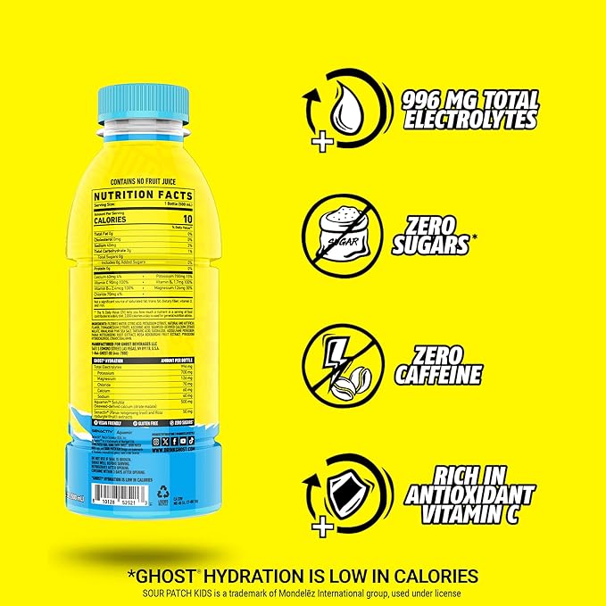 GHOST Hydration Drink Sour Patch Kids Blue Raspberry - RTD Sports Drinks with Electrolytes for Hydration - Beverage for Athletes - Zero Caffeine &amp Zero Sugars - 16.9 Fl Oz 12 Pack
