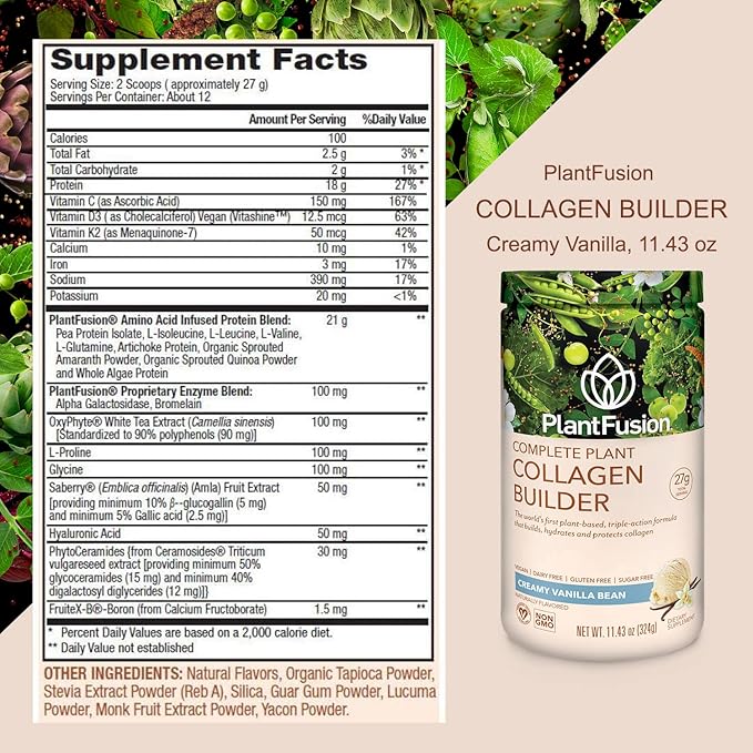 PlantFusion Vegan Collagen Powder - Plant Based Collagen Protein Powder for Muscle &amp Joints Hair Skin &amp Nails - Keto Gluten Free Soy Free Non-Dairy No Sugar Non-GMO - Vanilla 11.43 oz