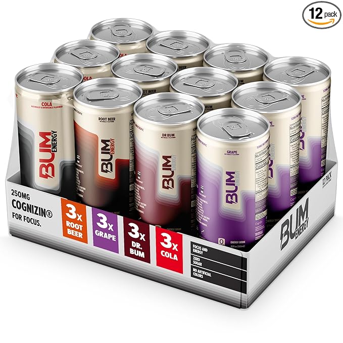 BUM Zero Sugar Energy Drink Variety Pack – Root Beer Dr. Bum Cola &amp Grape – Lightly Carbonated Sports Beverage with Natural Caffeine &amp Citicoline for Focus &amp Energy – 12 fl oz (12-Pack)