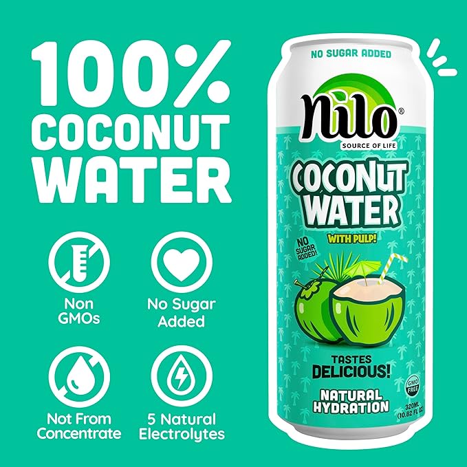 NILO 100% Pure Coconut Water | NO Sugar added | GMO FREE | NOT from Concentrate | 10.8 oz (Pack of 12)