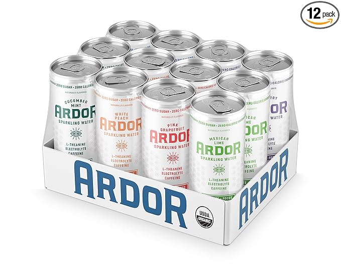 Ardor Organic Sparkling Water Variety Pack 12 oz can (12 pack) 6 flavor variety - Mexican Lime/Pink Grapefruit/White Peach/Blueberry Pom/Cucumber Mint/Original
