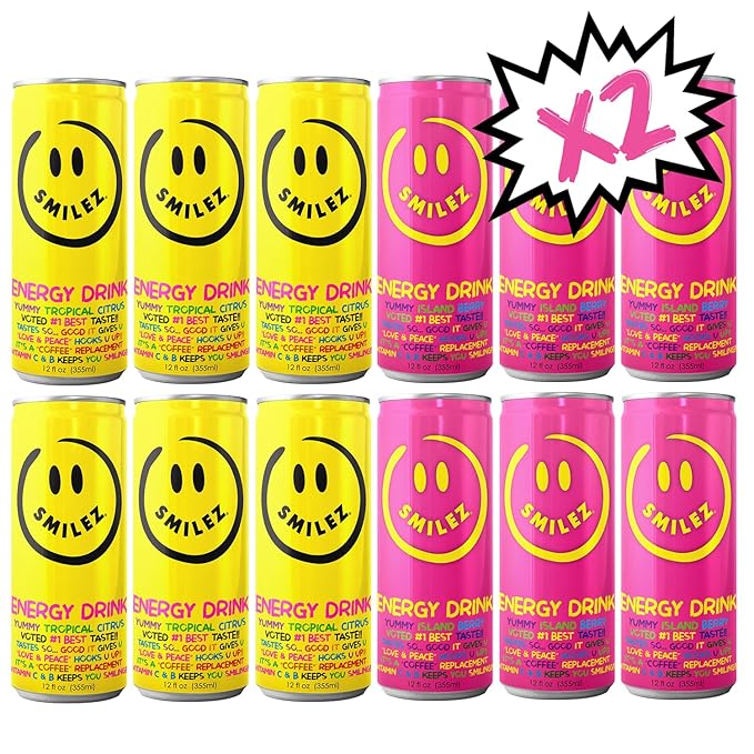 Smilez Energy Drink Variety Pack Tropical Citrus/Island Berry 12 Fl Oz Cans (Pack of 24)