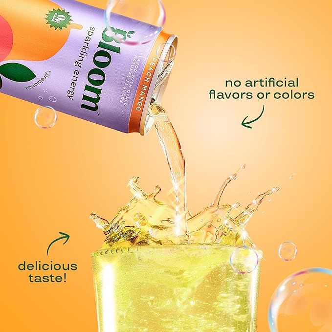 Bloom Nutrition Sparkling Energy Drink Peach Mango | Zero Sugar | 180mg Caffeine | For Focus | 24 Pack