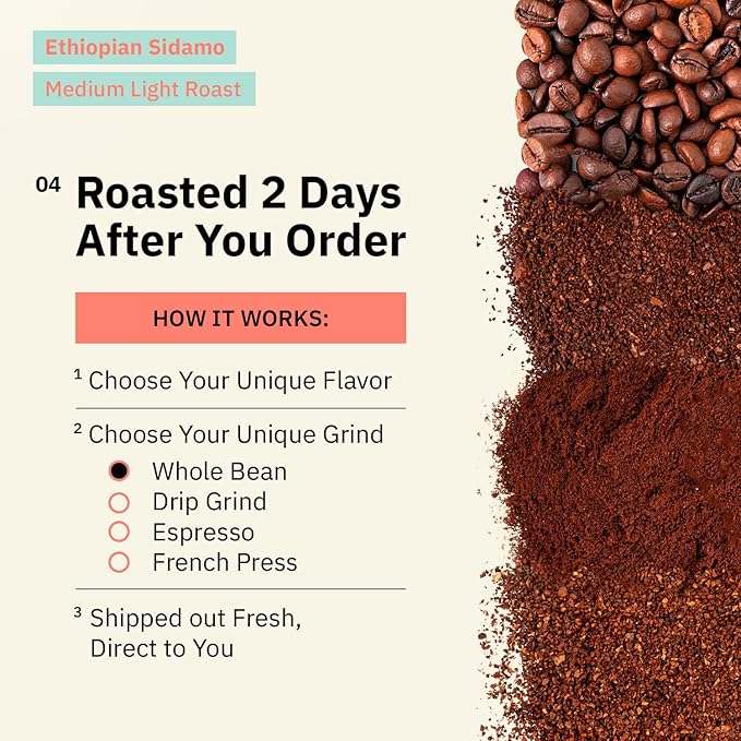 Ethiopian Sidama Coffee Beans - Single Origin Medium Light Roast Beans Freshly Roasted To Order Whole Bean Coffee Specialty Grade Non-GMO