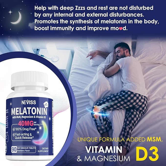 Melatonin 40 mg for Adults - Fast Dissolve &amp Chewable Sublingual Sleep Supplement - Extra Strength Melatonin with Vitamin D3 &amp MSM Selenium for Health Rest Cycle Deep Zzzs Sugar-Free 180 S