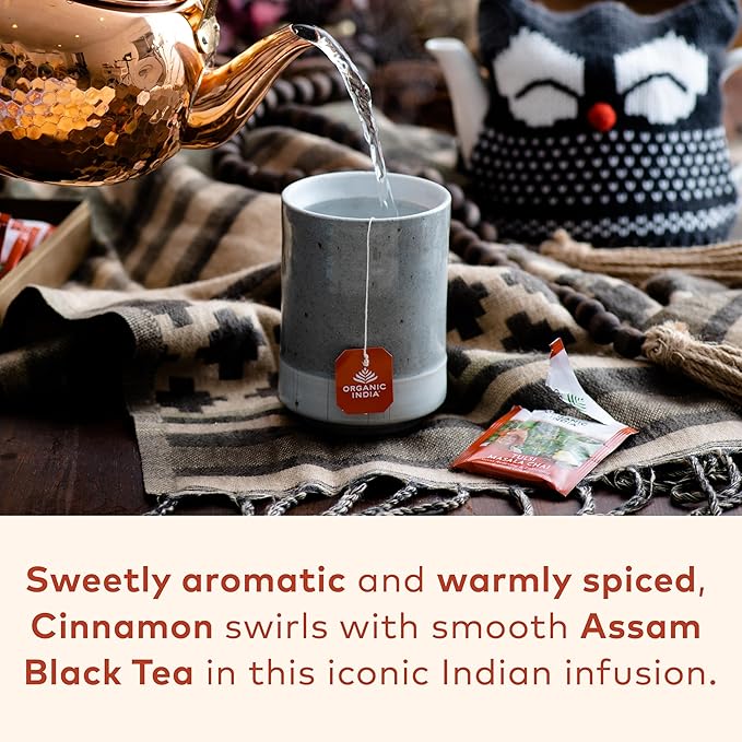 ORGANIC INDIA Tulsi Masala Chai Tea Bags - Holy Basil Black Tea Spices with Ginger Stress Relieving Immune Support USDA Certified Organic Antioxidant Caffeinated - 18 Infusion Bags 3 Pack