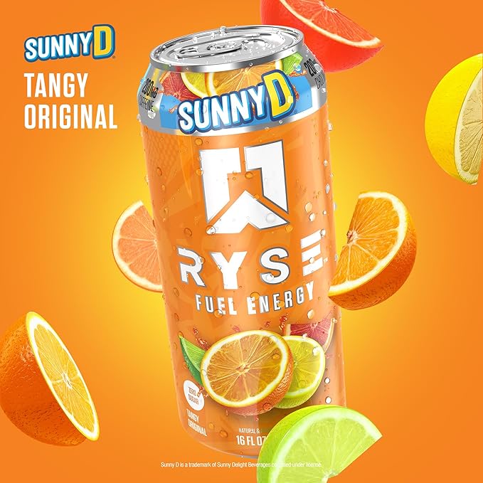 RYSE Fuel Energy Drink - SunnyD Tangy Original - Sugar Free Gluten Free &amp Vegan - 200mg Natural Caffeine Taurine &amp Choline for Focus &amp Energy - No Artificial Colors - 16 fl oz Cans (12-P