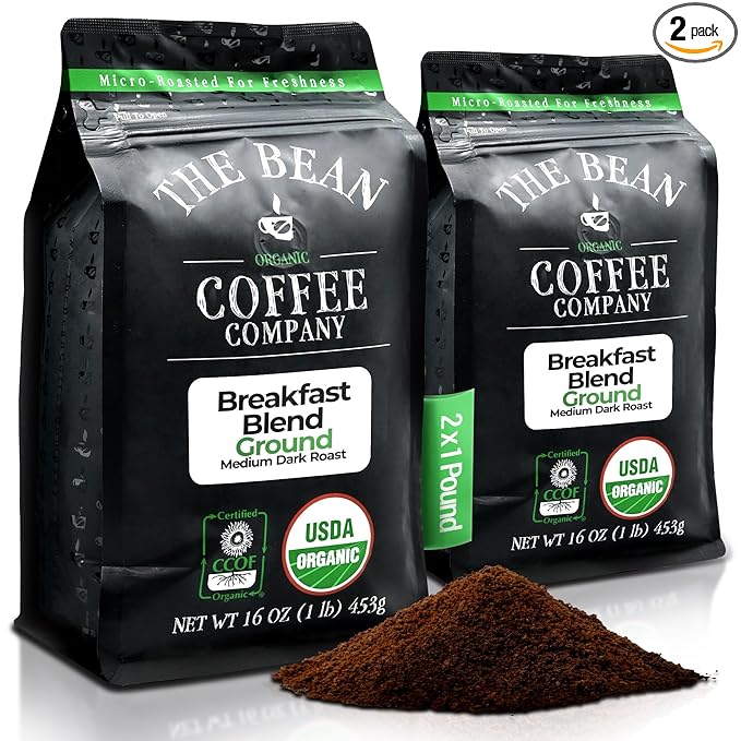 The Bean Organic Coffee Company Breakfast Blend Medium Dark Roast Ground Coffee 16-Ounce Bags (Pack of 2)Café molido tostado organico