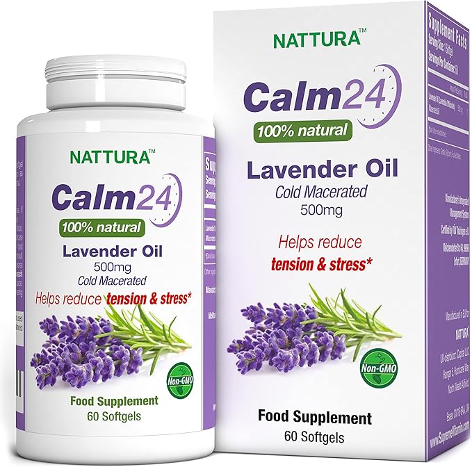 Nattura Calm Aid Lavender Oil Pills - 500mg - 60 Softgels - 100% Natural Helps Reduce Stress Calming for Body &amp Mind Non-GMO Certified Kosher