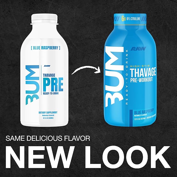RAW Ready to Drink Pre-Workout Drink - BUM Thavage RTD Preworkout Shakes - Energy Supplement Drinks with Beta Alanine L-Citrulline &amp Caffeine - Zero Sugar (12 Pack Blue Raspberry)