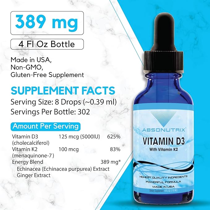 Absonutrix Vitamin D3 K2 Drops 390mg 4 Oz Liquid 302 Servings Made in USA Quick Absorption Quality Potent Ingredients Non-GMO GMP Certified Cruelty-Free Products Bone Strength Supplements