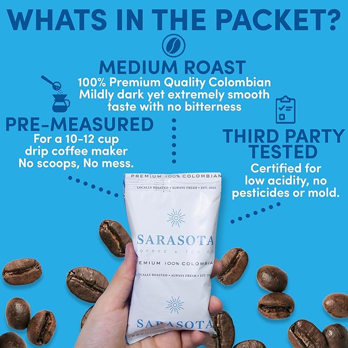 Colombian Coffee Packets – Medium Roast Ground 1.5oz Bulk Pre-Measured Packs for 12-Cup Drip Brewers Commercial Single-Pot Fractional Bags | Sarasota Coffee