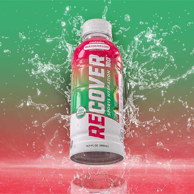 RECOVER 180 Organic Sports Hydration Drink No Sugar Added 20 Calorie Sports Beverage Organic Flavors With Vitamins Potassium-Packed Electrolytes (16.9 Fl Oz (Pack of 12) Watermelon)