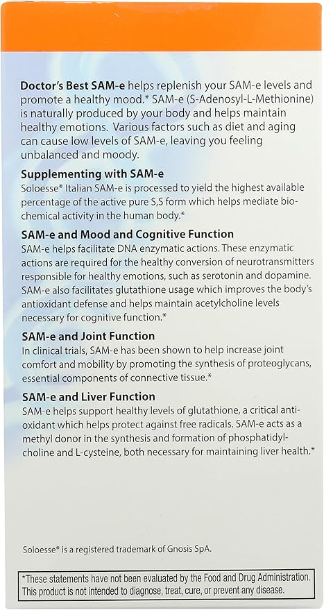Doctor's Best SAM-e 400 mg Vegetarian Gluten Free Soy Free Mood and Joint Support 30 Enteric Coated Tablets