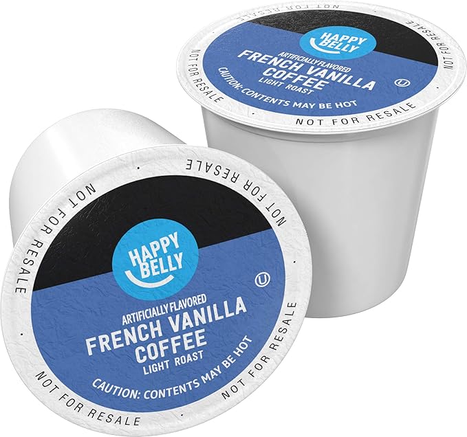 Amazon Brand - Happy Belly Light Roast Coffee Pods French Vanilla Flavored Compatible with Keurig 2.0 K-Cup Brewers 100 Count