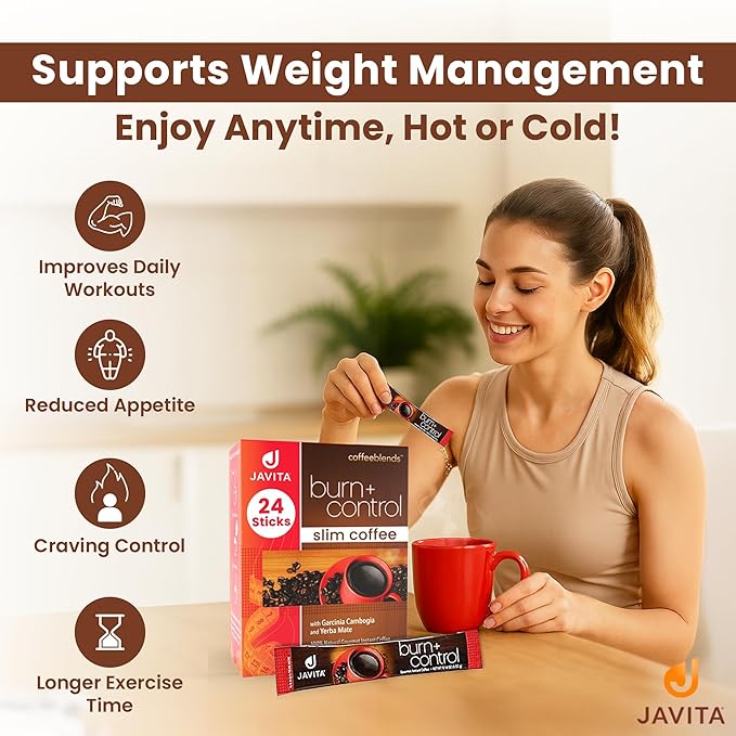 Javita Burn + Control Instant Coffee – Smooth Arabica Robusta Blend with Garcinia &amp Yerba Mate – Supports Metabolism &amp Daily Energy – Convenient Slim-Style Coffee Mix (1 box/24 serv.)