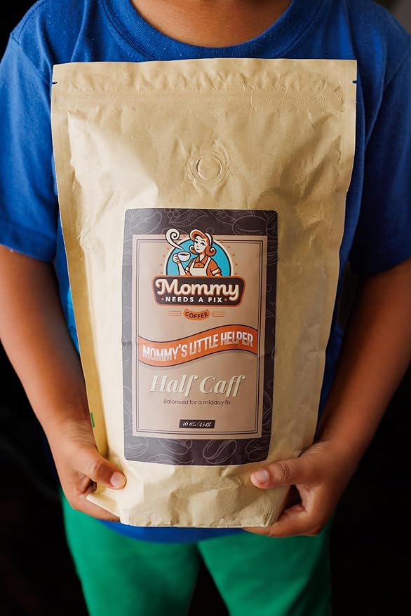 Mommy Needs A Fix Half Caff Whole Bean Coffee | 100% All Natural Arabica Beans | Medium Roast | Chemical Free Swiss Water Process | Pregnancy &amp Breastfeeding Friendly | Roasted in the USA | 1 lb