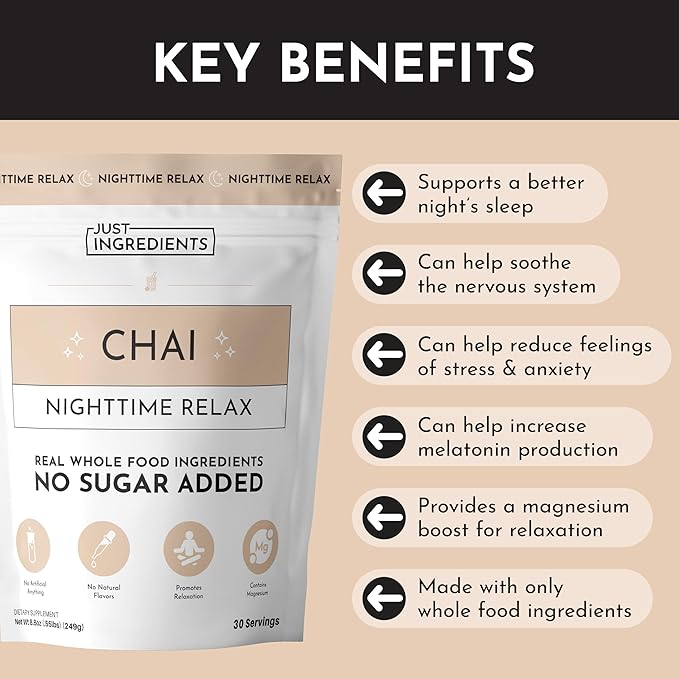 JUST INGREDIENTS Chai Nighttime Relax Drink Mix – 30 Servings | No Sugar Added | Magnesium L-Theanine Chamomile &amp Tart Cherry Extract | Supports Relaxation &amp Restful Evenings