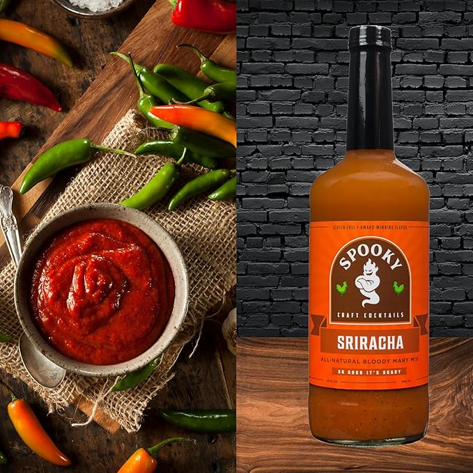 SPOOKY - Sriracha Bloody Mary Mix - Made With All Premium Natural Ingredients - No Artificial Color or Flavor - No Preservative No MSG Low Carb Low Calorie &amp Gluten Free - 32 Oz (Pack of 2)