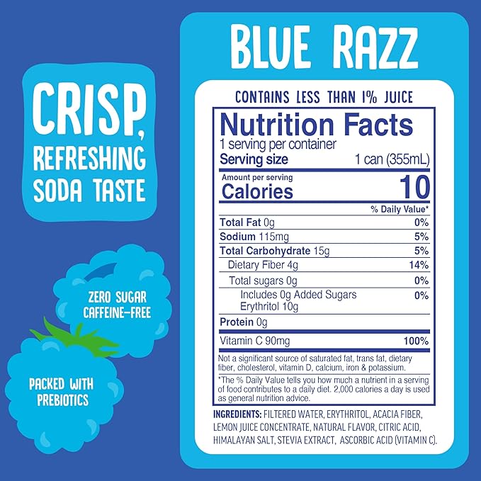 Cove Prebiotic Soda Soft Drinks with Zero Sugar - Refreshing Healthy Soda Alternative with 4g of Fiber for Digestive Support - Natural Caffeine Free Sparkling Beverage - Blue Razz 12 Pack