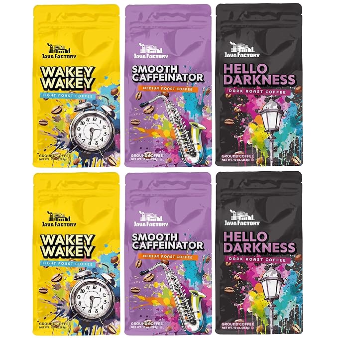 Java Factory Ground Coffee - Regular Roast Variety Pack 100% Arabica Beans Smooth Flavor Premium Coffee Bag Rich Taste10 Ounce (Pack of 6)