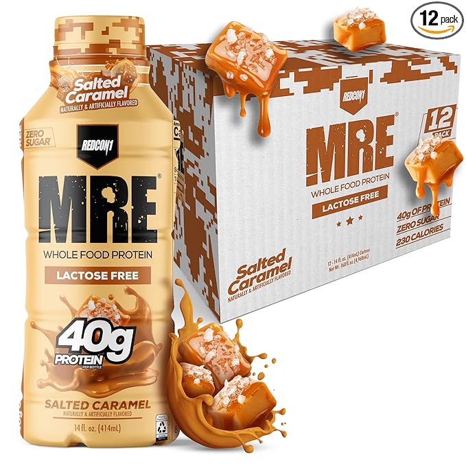 REDCON1 MRE Ready to Drink Protein Shake Salted Caramel - Lactose Free RTD 40gr Protein Made with Real Whole Food Protein Blends - Easy to Digest Nutritional Shake (12 Pack)