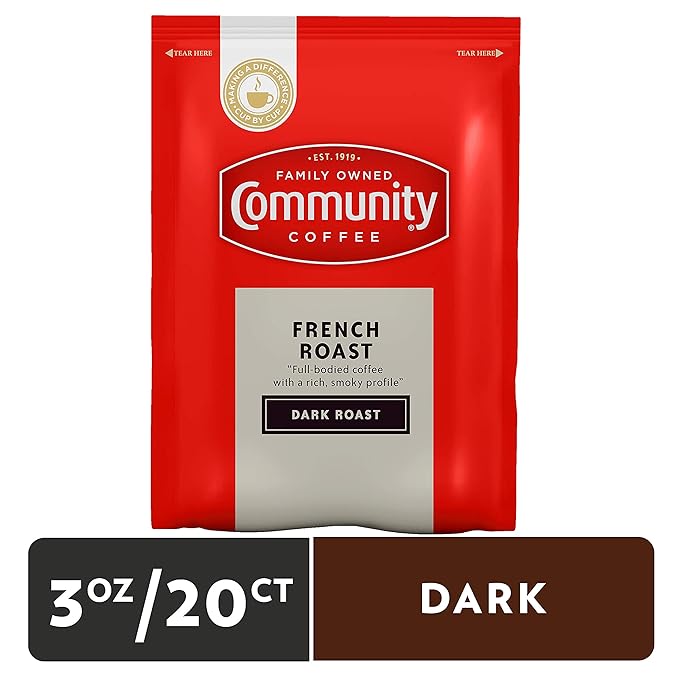 Community Coffee French Roast Dark Roast Pre-Measured Coffee Packs 3.0 Ounce Each (Box of 20)