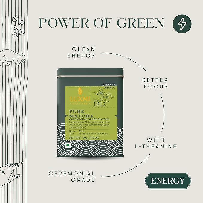 Luxmi Estates - Pure Matcha - Ceremonial Grade Matcha Powder - 50g | Organic Stone-Ground Matcha Tea Rich in Antioxidants | Authentic Zen Tea Experience