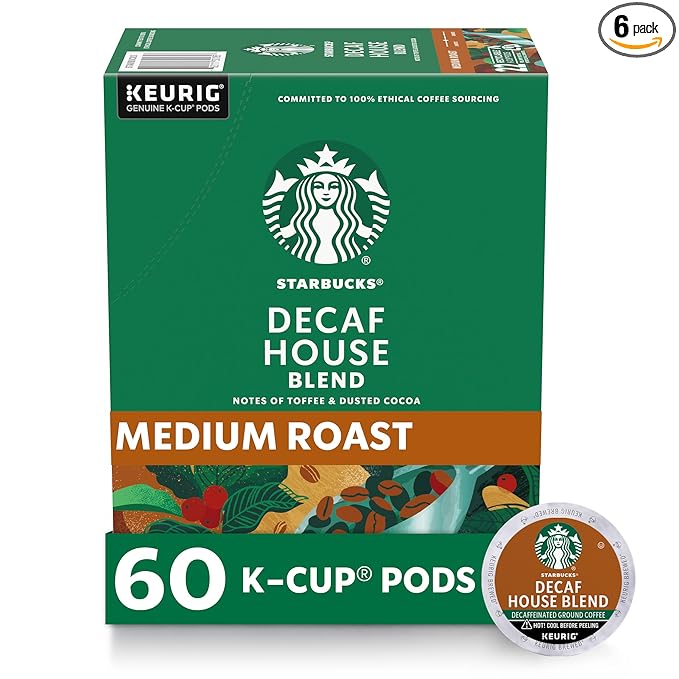 Starbucks K-Cup Coffee Pods Medium Roast Hot or Iced Coffee Decaf House Blend 60 Keurig Pods