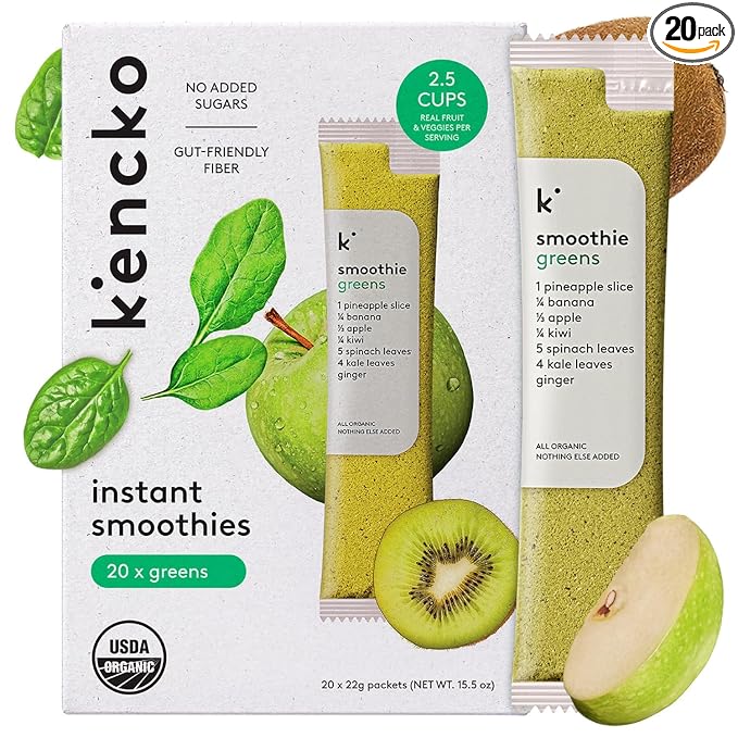 kencko Greens Smoothie Mix Packets - 20 Instant Breakfast Smoothies Made of Nature’s Original Superfoods - Pineapple Apple Kale Spinach &amp More - Organic Fruit &amp Veggie Healthy Smoothies