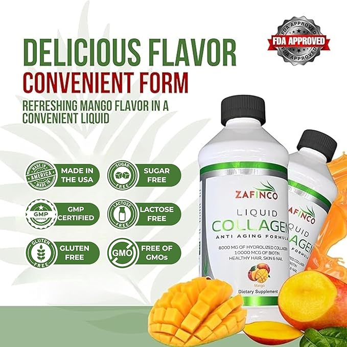Best liquid collagen (mango flavor) US made &amp Lab tested sugar free premium peptides for women &amp men. powerful 10000 mcg Biotin+ 8000 mg hydrolyzed for anti aging glowing skin hair nail+ join