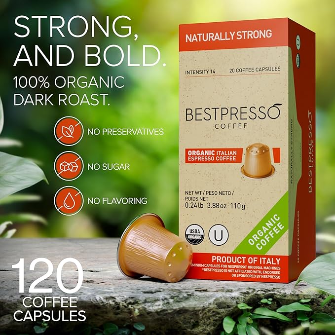 Organic USDA Bestpresso Coffee Aluminum Espresso Pods For Nespresso Original Machine 120 Pack (Naturally Strong)