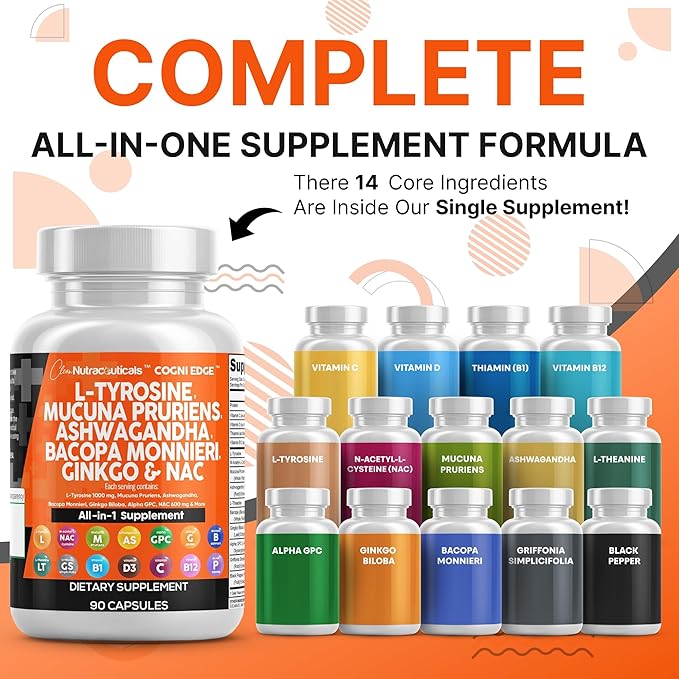 Clean Nutraceuticals L Tyrosine Mucuna Pruriens Bacopa Monnieri Ashwagandha Focus Supplement w/N-Acetyl Cysteine NAC 5-HTP Ginkgo Biloba Alpha GPC Vitamin C D B1 B12 (Pack of 2)
