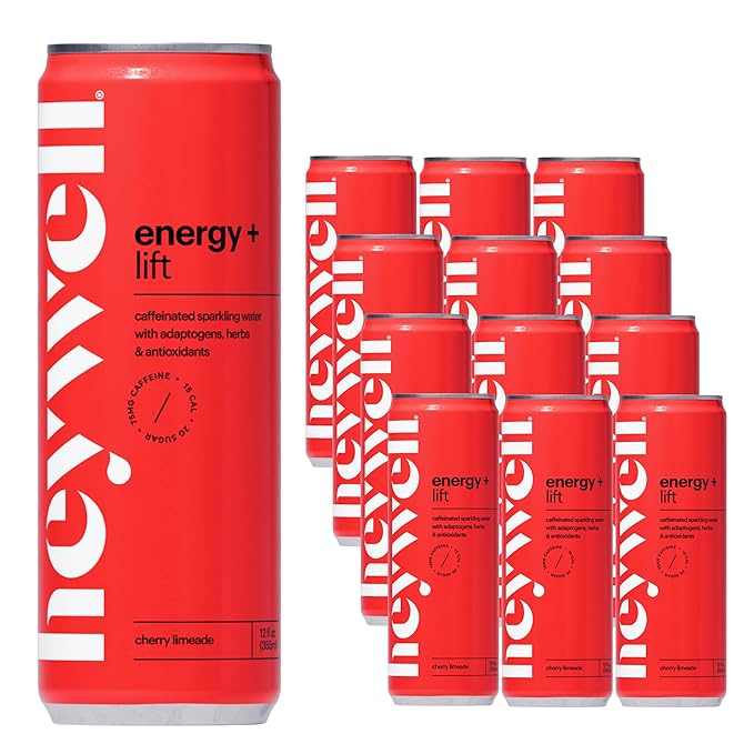 Heywell Sparkling Adaptogenic Water Energy and LIft Cherry Limeade Flavor 12 Fluid Ounce (Pack of 12) - Caffeinated Organic Non GMO Vegan Gluten Free Dairy Free