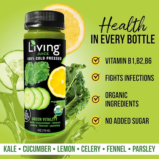 O2 Living Juice Cold Pressed Drink - Green Vitality Organic Juice Pack - No Added Sugars or Water Naturally Sweetened from Fruits Packed with Nutrients &amp Vitamins - Non-GMO - 4 fl oz - 8 Pack