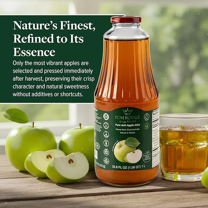 Pure Apple Juice 33.8oz Glass Bottle (Pack of 4) Cold Pressed Juice Not from Concentrate Non-GMO No Sugar Added Gluten Free Kosher Certified Preservative Free