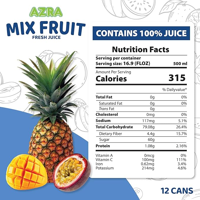 AZRA 100% Mix Fruit Juice – 500ml Canned Drinks Healthy Beverages Variety Pack – Zero Sugar Juice Fruit Punch for Kids and Adults – Bulk 100% Juice Pack 12 Count
