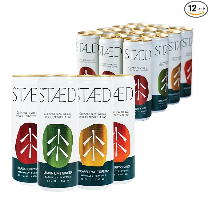 Drink Staed Assorted Flavors Productivity Drink Sparkling Functional Beverage 12-Pack – Blackberry Mint Lemon Lime Ginger Pineapple White Peach &amp Strawberry Orange with Cognizin® Citicoline &a
