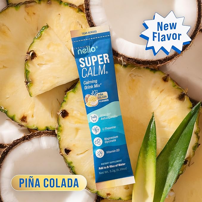 Nello Supercalm Powdered Drink Mix Cortisol Reducer* and Sleep Aid Supplement L Theanine Ksm-66 Ashwagandha Magnesium Glycinate Vitamin D 3 No Sugar Non GMO On The Go 20 Ct Pina Colada