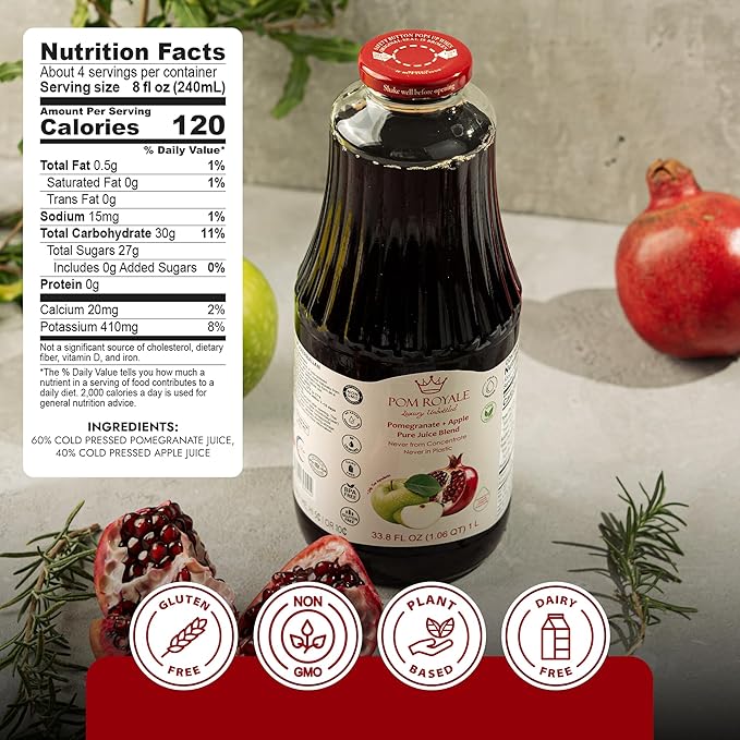 Pure Pomegranate &amp Apple Juice 33.8oz Glass Bottle (Pack of 4) Cold Pressed Juice Not from Concentrate Non-GMO No Sugar Added Gluten Free Kosher Certified Preservative Free