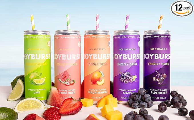 No Sugar Joyburst Energy Drink 0 Calorie 0 Sugar Sugar Free Energy Drink with Natural Caffeine Hint of Sweetness and Refreshing Sparkling Water - 12 Packs (Variety Pack)