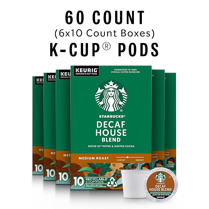 Starbucks K-Cup Coffee Pods Medium Roast Hot or Iced Coffee Decaf House Blend 60 Keurig Pods
