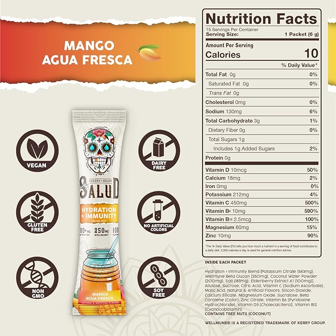Salud 2-in-1 Hydration Packets + Immunity Electrolytes Powder Mango - Agua Fresca Drink Mix Elderberry Dairy &amp Soy Free Non-GMO Gluten Free Vegan Low Calorie 1g Sugar (15 Servings)