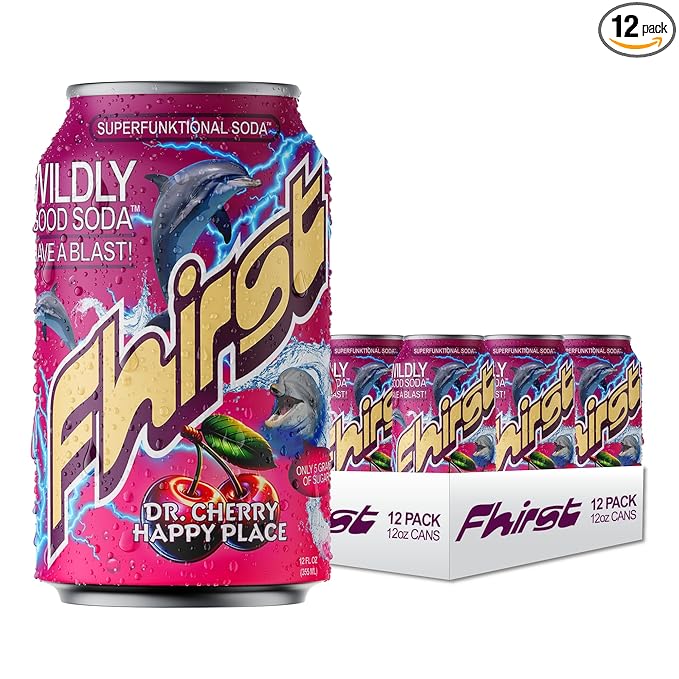 Fhirst Probiotic &amp Prebiotic Dr. Cherry Happy Place Gluten Free &amp Low Sugar Sparkling Drink with Electrolytes &amp Botanicals Gut Health Support Vegan Caffeine Free Non GMO 12 FL OZ Cans