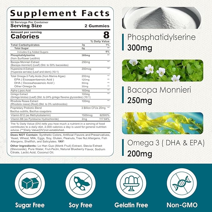 Phosphatidylserine - Nootropic Brian Supplement Focus &amp Energy Gummies+ Bacopa Monnieri Omega 3 Huperzine A Methyl B12 &amp B6 for Seniors Gamers Workers Non-GMO Caffeine-Free Sugar Free