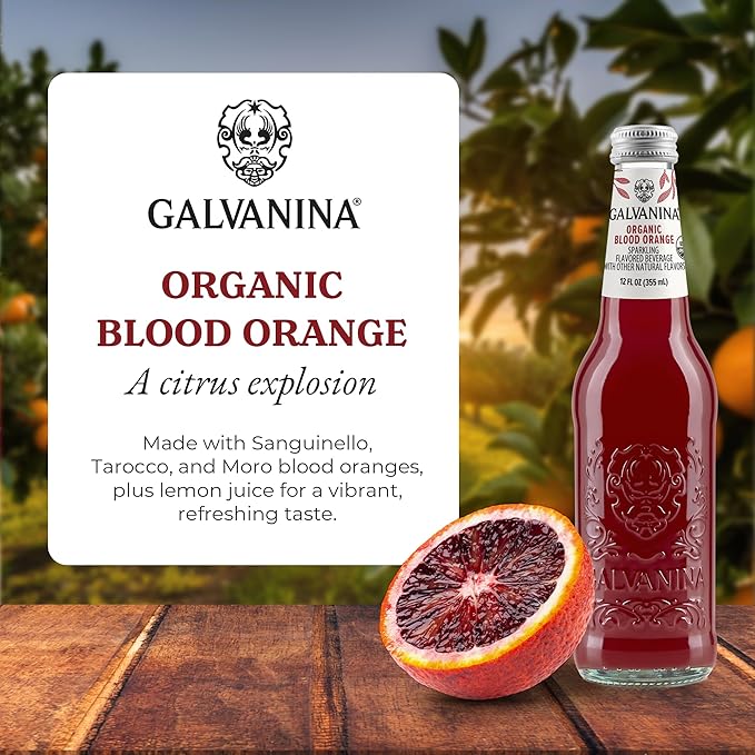 Galvanina Blood Orange – Premium Organic Italian Sparkling Soda 12 fl oz (6 Glass Bottles) | Vibrant Sicilian Blood Orange Soda Naturally Citrusy.