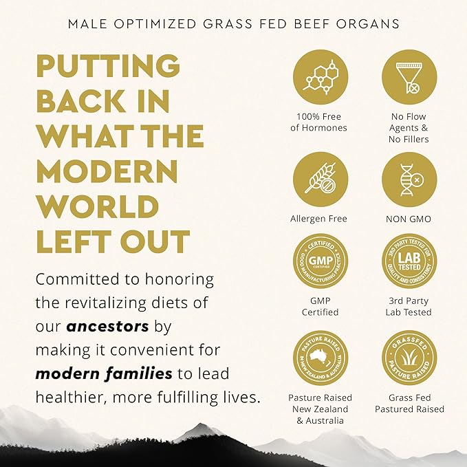 Ancestral Supplements Mofo Supplements for Men Support for Energy Levels and Overall Men's Health and Wellness Non-GMO Grass Fed Beef Organ Supplement with Liver No Fillers 180 Capsules