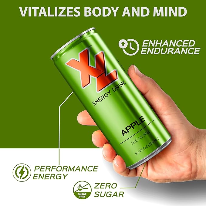 XL Energy Drinks Sugar Free 8.4 Oz 24 Pack - Low Calories Apple Flavor Sugar Free Energy Drinks 80mg Caffeine plus Taurine &amp B Vitamins - Improve Performance with Zero Sugar Drinks Carbonated Bev
