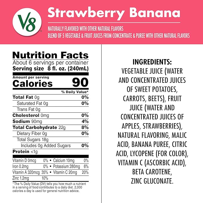 V8 Strawberry Banana 100% Fruit and Vegetable Juice 46 fl oz Bottle (Pack of 6)