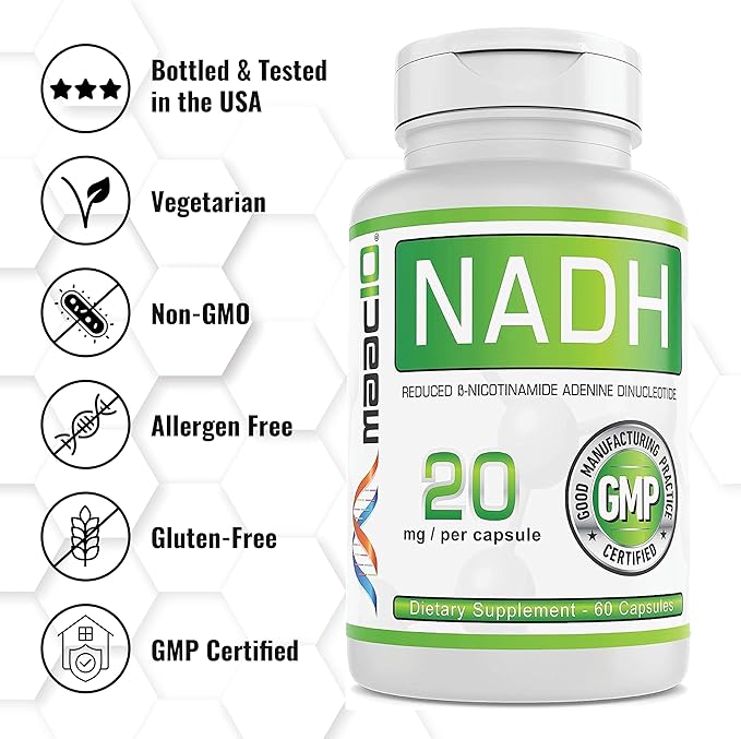 MAAC10 NADH Supplement 20mg Each 60 Capsules for Energy Fatigue Mental Focus &amp NAD+ Longevity Support | Pharmaceutical Grade 99% Pure NADH (Pack of 2)